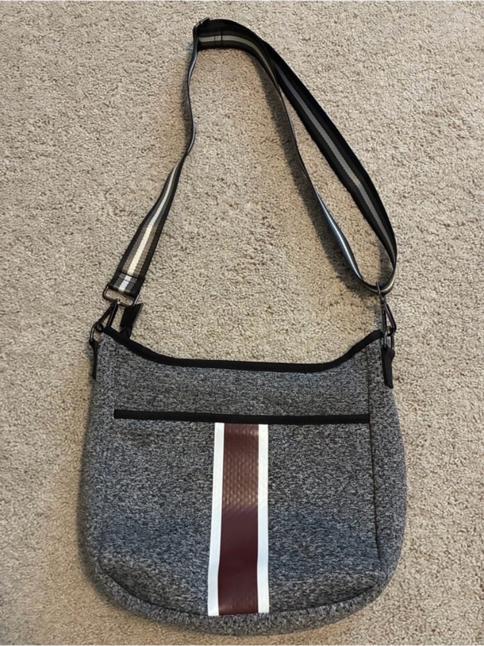 Haute Shore Neoprene Gray with Brown Stripe Crossbody Bag